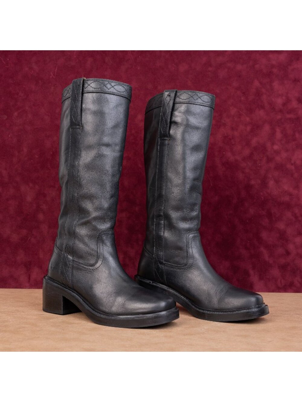 Frye Women Kate Pull on Black Leather Summer Boho Cottage Knee Boots sz 7.5